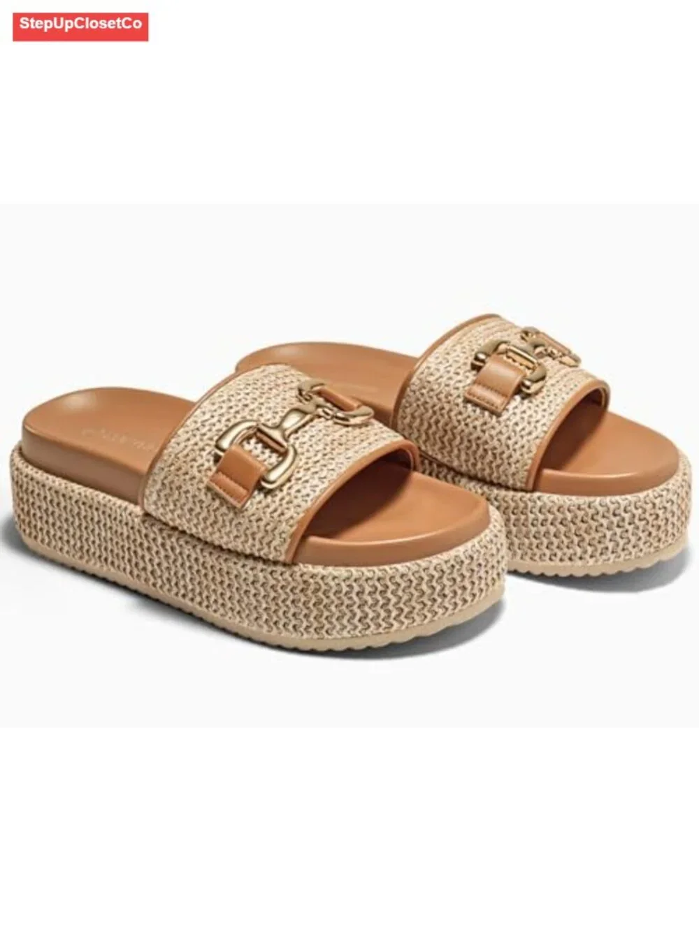 Raffia Platform Sandals with Metal Chain Espadrilles Slip On Summer Slides